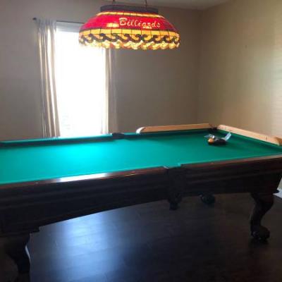 8’ Pool Table with Hanging Light and Accessories
